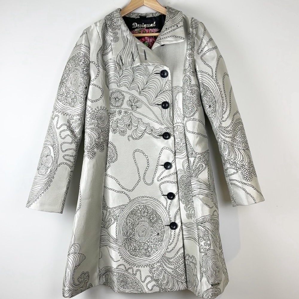 DESIGUAL Embroidered Patterned Overcoat Silver and Black Size 42 (Large)
